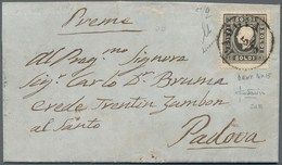 Österreich - Lombardei Und Venetien: 1858, 3 Soldi Schwarz, 1. Typ, Gezähnt 16 X 15 Auf Ortsbrief In - Lombardo-Venetien