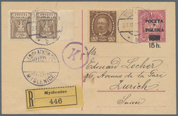 Polen - Ganzsachen: 1919 Uprated Postal Stationery Card Sent By Registered Mail From Myslenice To Zu - Entiers Postaux