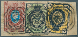 Russland: 1865, 1  Kop. Black Yellow, 3 Kop. Black Green And 10  Kop. Blue Brown (back Print Of 5 Ko - Autres & Non Classés