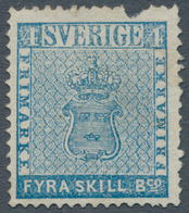 Schweden: 1855, FYRA SKILL. Bco. Blue, Fresh Colour, Unused Without, Gum, Tear At Top And One Perf. - Neufs