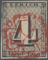 Schweiz - Zürich: 1843, 4 Rp. Schwarz Mit WAAGERECHTEM ROTEM LINIENUNTERDRUCK, Entwertet Mit Klar Un - 1843-1852 Kantonalmarken Und Bundesmarken