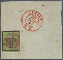 Schweiz - Genf: 1845 Kleiner Adler 5 C. Schwarz/gelbgrün, Entwertet Mit Voll Aufgesetzter, Roter Gen - 1843-1852 Timbres Cantonaux Et  Fédéraux