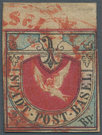 Schweiz - Basel: 1845 Basler Taube 2½ Rp. Schwarz/lebhaftblau/karmin Von Der Ersten Auflage, Mit 5mm - 1843-1852 Timbres Cantonaux Et  Fédéraux