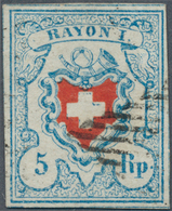 Schweiz: 1850-51 Rayon I 5 Rp. Hellblau/rot Mit Ca. 3/12 Kreuzeinfassung, Type 3 Vom Stein C1-LU, Ge - Unused Stamps