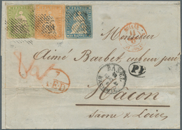 Schweiz: 1857: Dreifarbenfrankatur "Sitzende Helvetia" Auf Faltbriefhülle (Büge, Kl. Risse) Nach Fra - Ungebraucht