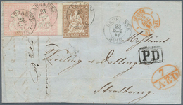 Schweiz: 1857 Briefhülle Von Lausanne Nach Straßburg, Frankiert Mit Paar 15 Rp. Blassrosa, Bogenrand - Unused Stamps