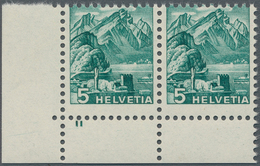 Schweiz: 1936, Freimarken Landschaften, 5 Rp. Bläulichgrün, Glatter Gummi, Verzähntes Eckrandpaar Li - Ungebraucht