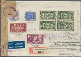 Schweiz: 1945 PAX 3 Fr. Im 4er-Block, 5 Fr., 10 Fr. Und 30 Rp. U.a. Auf R-Luftpostbrief 1946 Von Zür - Ungebraucht