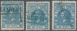 Serbien: 1866, 40pa. Ultramarine, Perf. 12, Group Of Three Used Copies Showing Clear Strikes Of Vari - Servië