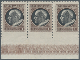 Vatikan: 1945, 1 L Brown/black, Horizontal Strip Of 3 With Imperforated Lower Margin And Bottom Marg - Neufs