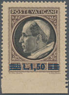 Vatikan: 1945, Pope Pius XII. 1l. Brown/black Surcharged ‚L. 1,50‘ IMPERFORATE At Bottom From Lower - Unused Stamps