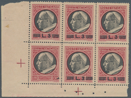 Vatikan: 1945, 3 L On 1,50 L Carmine/black, Block Of 6 From Lower Left Corner, Corner Stamp With Alm - Neufs