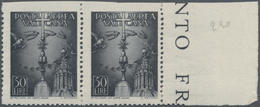 Vatikan: 1947, 50 L Grey-black Airmail Stamp, Horizontal Pair From Right Sheet Margin, Both Stamps H - Unused Stamps