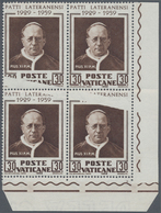 Vatikan: 1959, 30 L Brown "Lateran Convenants", Block Of 4 From Lower Right Sheet Corner, 3 Stamps A - Ungebraucht