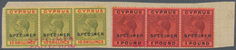 Zypern: 1923. KGV 10sh "Specimen" And £1 "Specimen" Each In Horizontal Strips Of 3 Mounted On One UP - Other & Unclassified