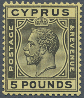 Zypern: 1928, KGV, £5 Black On Yellow, Fresh Colour, Short Perf. At Top, Mint Original Gum Previousl - Sonstige & Ohne Zuordnung