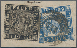 Baden - Marken Und Briefe: 1860/64, Briefstück Mit Wappen 1 Kr. Schwarz Eng Gezähnt, Linierter Grund - Autres & Non Classés