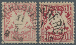 Bayern - Marken Und Briefe: 1876, 10 Pf Wappen Mittellilarot Und Desgl. Weinrot, Je Sauber Gestempel - Autres & Non Classés