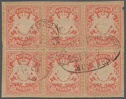 Bayern - Marken Und Briefe: 1876, 50 Pf Wappen Dunkelgraurot Im 6er-Block 2x Entwertet Mit Seltenem - Sonstige & Ohne Zuordnung