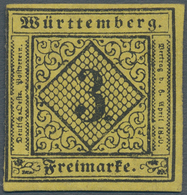 Württemberg - Marken Und Briefe: 1851, 3 Kr. Schwarz Auf Gelb, Type I, Farbfrisches Exemplar, Links - Autres & Non Classés