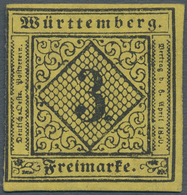 Württemberg - Marken Und Briefe: 1851, 3 Kr. Schwarz Auf Gelb, Type I, Farbfrisches Exemplar, Links - Sonstige & Ohne Zuordnung