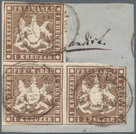 Württemberg - Marken Und Briefe: 1859, Wappen 1 Kr. Braun Im 3er Block Auf Briefstück Mit K3 "BLAUBE - Sonstige & Ohne Zuordnung