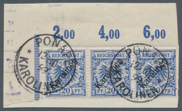 Deutsche Kolonien - Karolinen: 1899, 20 Pfg. Mit Diagonalem Aufdruck Im Waagerechten 3er-Streifen Au - Carolines