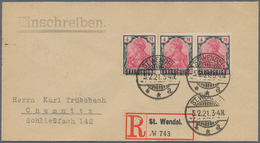 Deutsche Abstimmungsgebiete: Saargebiet: 1921, Einschreibebrief Mit Waagerechtem Luxus-3er-Streifen - Unused Stamps