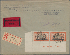 Memel: 1922, 6 Mark Auf 2 Fr. Rötlichorange/grünlichblau, Waagerechtes Eckrandpaar Links Unten Mit D - Memelgebiet 1923