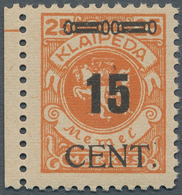 Memel: 1923, 15 C. Auf 25 Mark Lebhaftrötlichorange Postfrisch Vom Linken Bogenrand, Unten 2 Winzige - Memel (Klaïpeda) 1923