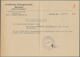 Ghetto-Post: GHETTO THERESIENSTADT: 1949, Dokument Der Israelitischen Kultusgemeinde München über Di - Autres & Non Classés