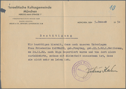 Ghetto-Post: GHETTO THERESIENSTADT: 1950, Dokument Der Israelitischen Kultusgemeinde München über Di - Autres & Non Classés