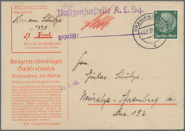 KZ-Post: 1938 (17.2.), Vordruckkarte (beiger Karton Mit Rotem Eindruck "Gefang. Komp." Hds. In "Bloc - Briefe U. Dokumente