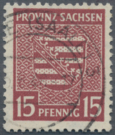 Sowjetische Zone - Provinz Sachsen: 1945, 15 Pfg. Provinzwappen Mittellilakarmin Mit Seltenem Fallen - Autres & Non Classés