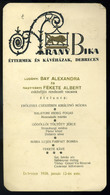MENÜKÁRTYA , DEBRECEN 1938. Arany Bika  Levelezőlap, Postázva!  /    /  MENU CARD Debrecen 1938 P.card, Mailed - Covers & Documents