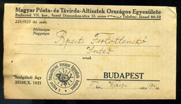 BUDAPEST 1921. Magyar Posta és Távirda Altisztek Egyesülete, Postázott Belépőjegyek  /  Union Of Post And Telegraph Offi - Non Classés