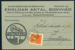 BONYHÁD 1934. Englman Antal, Dekoratív Tungsram Reklám Levelezőlap Simontornyára  /  Decorative Tungsram Adv. P.card To  - Lettres & Documents