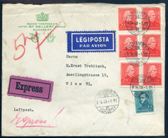 BUDAPEST 1934. Expressz Légi Hotel Levél, Arcképek 7 Bélyeges Bérmentesítéssel Bécsbe Küldve  /  Express Airmail Hotel L - Covers & Documents