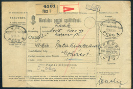 PÉCS 1930. Hivatalos Szállítólevél Mohácsra Küldve  /  1930 Official Parcel P.card To Mohács - Covers & Documents