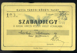 KASSA 1944. Városi Közúti Vasút, Szabadjegy  /  City Road, Rail Free Ticket - Unclassified