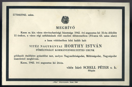 KASSA 1942. Horthy István Gyászülés, Postázott Meghívó  /  István Horthy Mourning Conference Mailed Inv. - Brieven En Documenten