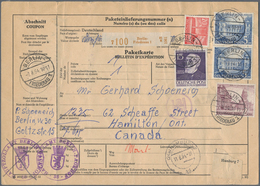 Berlin: 1954: Auslandspaketkarte A5 über 7,6 Kg. Nach Canada. Gebühr DM  12,35 Mit 20 Pf. Bauten I E - Lettres & Documents