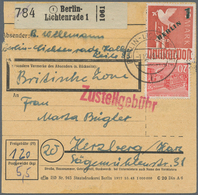 Berlin: 1 DM Grünaufdruck U. 20 Pf. Bauten Zusammen Auf Paketkarte Ab Berlin-Lichtenrade Vom 1.12.49 - Lettres & Documents