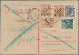 Berlin - Postschnelldienst: 12, 16 U. 3 Mal 24 Pf. Schwarzaufdruck Zusammen Auf Postschnelldienstkar - Covers & Documents