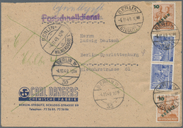 Berlin - Postschnelldienst: 30 Pf. Bauten Im Paar U. 2 Mal 10 Grünaufdruck Zusammen Auf Postschnelld - Covers & Documents