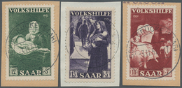 Saarland (1947/56): 1950, Volkshilfesatz 5 Werte Komplett Auf Briefstücken Mit Sonderstempel "Saarbr - Neufs