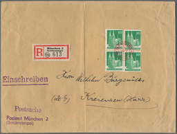 Bizone: 1949, 4 Stück 10 Pf Bauten Mit Rotem SoStpl. MÜNCHEN Auf R-POSTSACHE Nach Kreiensen, Nur Ein - Autres & Non Classés