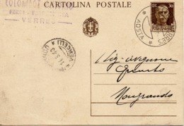 CARTOLINA POSTALE CENT. 30 IMPERIALE - SPEDITA DA VERRES (AO) PER MONGRANDO (BI) IL 15.3.1940 - Stamped Stationery