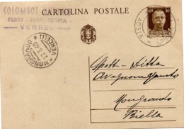 CARTOLINA POSTALE CENT. 30 IMPERIALE - SPEDITA DA VERRES (AO) PER MONGRANDO (BI) IL 26.3.1940 - Stamped Stationery
