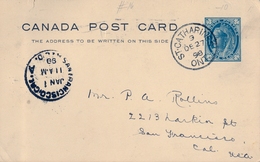 1898 , CANADÁ , ENTERO POSTAL CIRCULADO , ST. CATHARINE - SAN FRANCISCO , LLEGADA - 1860-1899 Regering Van Victoria